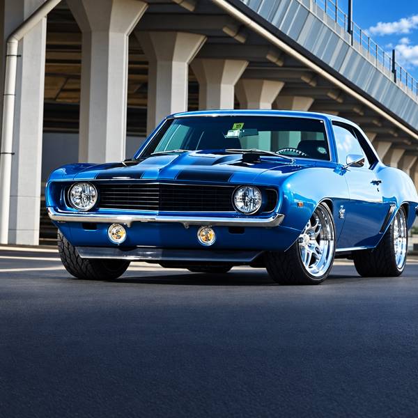 Blue first-generation Camaro with white stripes