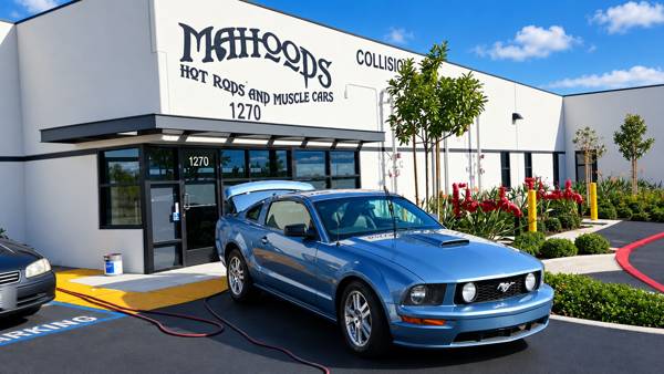 Blue Ford Mustang outside the shop