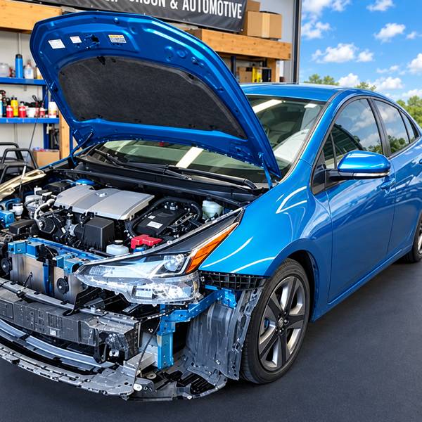 Blue Toyota Prius with front-end damage and the hood up