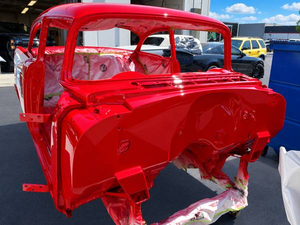 Freshly painted red truck cab