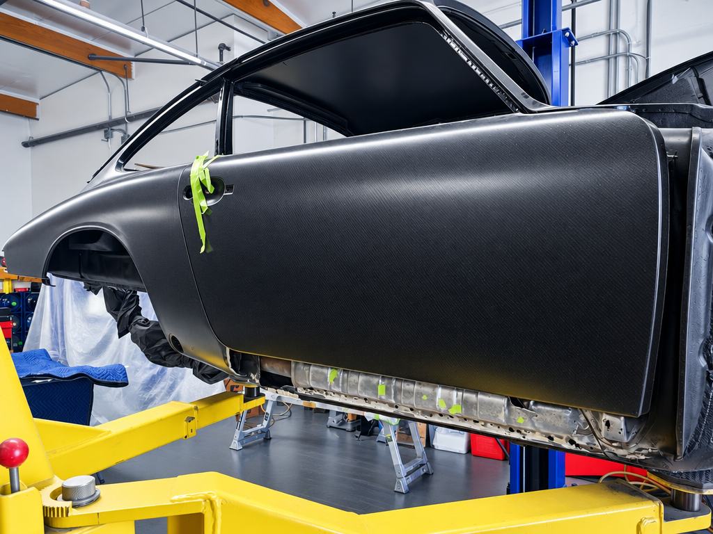 Carbon fiber door fitted to a coupe body on the lift