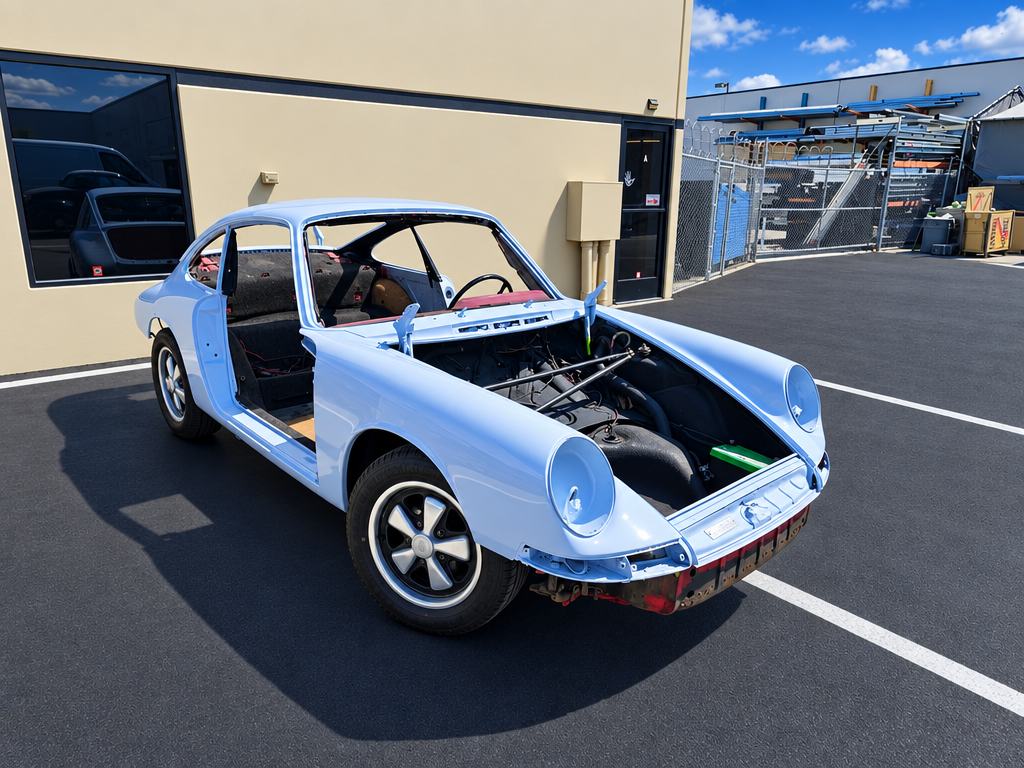 Classic Porsche coupe shell painted light blue, outside the shop