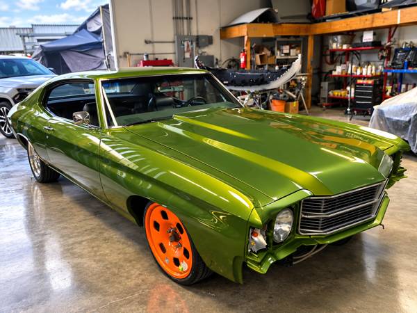 Green Chevelle with fresh paint in the shop