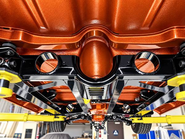 Underside of the orange Chevy with a painted floor pan and gloss black frame